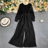2021 New Autumn Elegant Solid Jumpsuits Women Office Lady Long Sleeve With Belt O Neck Pleated Wide Leg
