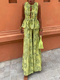 Print Women Ruffles Wide Leg Loose Pants Suit Elegant Hollow Out Lace Up Pleated Tops Set 2024 Female Holiday