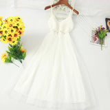 V Neck Spaghetti Strap Long Tulle Dress Women High Waist Knitting Hollow Out Slim Dress Female Sweet Fairy