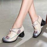 Women Embroidery Pumps Grey Lady 6CM High Heels Shoes Handmade Women Genuine Leather Pumps Autumn