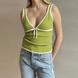 Deep V-Neck White Seam Top-Outfit