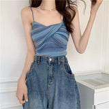 Knit Camisole Crop Top Girls Twisted Contrast Color Striped Stretchy Sweet Hot Camis Sleeveless T-Shirt For Slim