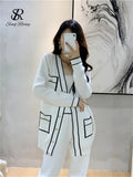 Fashion Sweater Two Pieces Sets Ladies Long Sleeve Knit Cardigan+Wide Leg Long Pant Sets Women OL Loose Knitted