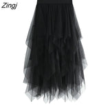 Tulle Skirt Women Elastic High Waist Mesh Midi Skirt Plus Size Elegant Design Pleated Tutu Skirt Female Jupe