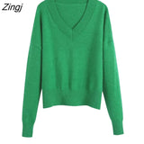 Women Simply V Neck Soft Touch Casual Purple Knitting Sweater Female Chic Basic Long Sleeve Pullovers Brand Tops