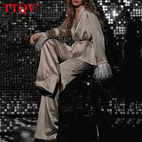 Elegant Khaki Satin 2 Piece Sets Womens Outfits Autumn Casual Long Sleeve Lace-up Robes With High Waist Wide Trousers