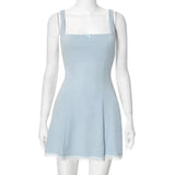 Blue Square Neck Strap Mini Dress-Outfit