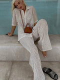 Hollow Stripe Shirts 2 Piece Sets Sexy V Neck Half Sleeves Wide Leg Pants Suits 2024 Summer Ladies Beach Vacation