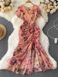 Retro Minority Design Rope Printing V-Collar Jumpsuit Skirt Summer Women's Dress Waist Hip Fishtail Skirt