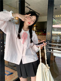 Sweet Preppy Fashion Lace Patchwork T-shirts Vintage Striped All Match Loose Tops Women Y2k Aesthetic Bow Japanese