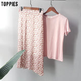 Summer Cute Pink Set Women Two Pieces Set Casual Cotton Linen Slim T-shirts High Waist