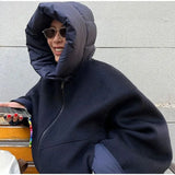 Removable Puffer Hoddie Patchwork Zipper Jacket- Outfit