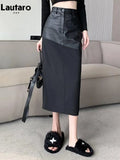 Spring Autumn Black Long Midi Patchwork Pu Leather Pencil Skirt Women with Back Slit High Waist Luxury Designer