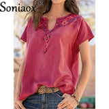 Women Urban Leisure V Neck Print Short Sleeve T-Shirt Ladies Ethnic Style Casual Loose Boho Retro Harajuku Oversized