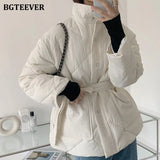 Winter Thick Cotton Padded Coats Women Single-breasted Zippers Lace-up Female Parkas Stand Collar Female