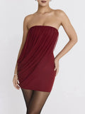 Burgundy Strapless Draped Mini Dress- Outfit