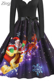 Women Christmas Party Dress Elegant Vinatge Long Sleeve Winter Sundress V Neck New Year Costume Clothing