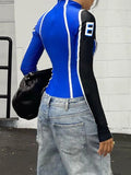 y2k Techwear Bodysuit Contrast Stitching Bodycon Jumpsuit for Women Casual Long Sleeve Streetwear Sexy Print Body