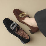 Fragrant Wind Frosted Skin Square Button Water Diamond Rough Heel Single Shoes Female Retro Square Head Middle Heel Loafers Shallow Mouth And Velvet Women's