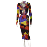 Women Fashion Autumn Winter Long Sleeve Hollow Out Printed Bodycon Pencil Midi Dress 2021 Fall Clothes Wholesale