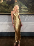 Metallic Halter Off Shoulder Maxi Dress Women Backless Sleeveless Slim Fit Robes 2024 Fashion Lady Evening Party