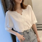 New Summer Women Chiffon Shirt Short Sleeve Blouse Elegant Sweet V-neck Korean White Tops Hollow Out Fashion Blusas