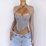 2022 Y2k Corset Crop Top Women Hollow Out Mesh Patchwork Long Sleeve Tee Sexy Bandage Summer T Shirts Casual
