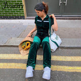 Autumn Casual Velvet Jumpsuit for Women Turn Down Collar Short Sleeves Zipper Straight Slim Outfits High Streetwear