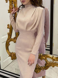 Elegant Women Dress Stand Collar Slim Waist Solid Blue Ankle Length Autumn Long Sleeve Casual Party Dress