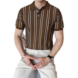 Summer High-End Short-Sleeved Men's Fashion Brand Striped Collar Ice Silk Knitted Half-Sleeved T-Shirt For