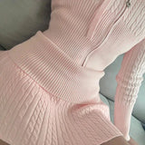 Knitted Cable Knit Zipper Hobbie Top and Mini Skirt Set-Outfit