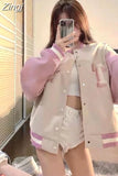 Sweet Hoodies Letter Long Sleeve Sweatshirts Harajuku Women Bomber Jackets Chic Pink Loose Baseball Coat Y2k Preppy