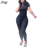 Summer Streetwear 2 Two Piece Sets Women Outfits Tracksuits Female Black O Neck Short Sleeve Tops Bodycon Long Pants