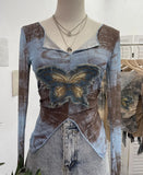 Real Shooting Pure Sexful V-Neck Umbilly T-Shirt Female Hairy Denim Butterfly Embroidered Mesh Yarn Long Sleeve Top