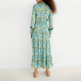 2022 Women Print Elastic Waist Maxi Dress V Neck Female Long Sleeve Elegant Office Lady Dresses Vestidos