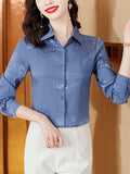 Women Shirts Polo Neck Silk Print Floral Vintage Top Button Up Shirt Satin Long Sleeve Blouse Ladies Tops Female Basic OL