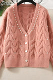 Women Knitted Sweater Autumn Winter Long Sleeve V neck Jumper Fashion Sweet Beaded Cardigans Casual Streetwear