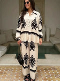 Printed Lace Up Casual Loose Pants Suit Women Chic Lapel Long Sleeves Shirt 2 Piece Sets 2024 Fashion Lady Street