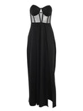 Women Midi Vestidos High Split Patchwork Mesh Tube Sleeveless Corset Sexy Streetwear Club Party Womens Christmas