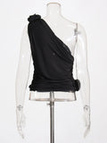 Contracted Wind 2025 Autumn New Unilateral Shoulder Belt Design Three-Dimensional Flower Pure Color Pleated Female Slim