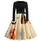Women Pumpkin Print Party Dress Black Streetwear Gothic Long Sleeve O Neck Vintage Casual Robe Femme Halloween