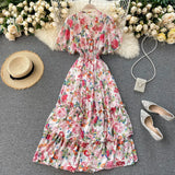 Zingj Typhoon Aesthetic Dress V Collar Lotus Leaf Edge High Waist Slim Skirt Sen Printed Fairy