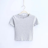 Wood ears O neck Short sleeve T-shirt 2021 New Woman Slim Fit t shirt tight tee Summer Retro Tops 6