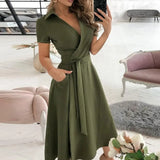 Elegant Sexy Off Shoulder Party Dress 2022 Summer Tie-Up A-Line Dress Lady Casual V-neck Pocket Dress