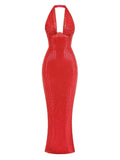 Halter Deep V Neck Sequin Maxi Dress- Outfit