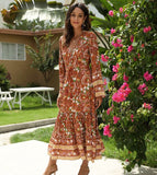 Queens Women Floral Print Long Sleeve Tassel Beach Bohemian Dress Robe Ladies Deep V-neck Boho Maxi
