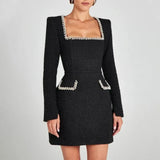 Tweed Solid Beaded Seam Mini Dress- Outfit