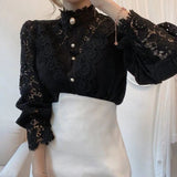 Flower Lace Blouse Women Korean Style Stand Collar Hollow Out Elegant White Shirt Spring Autumn Fashion Ladies