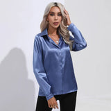 Autumn Satin Shirt Women V Neck Long Sleeve Office Shirt Blouses Ladies Black White Silk Loose Shirts For