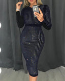 Women Fashion Elegant Stripes Binding Long Sleeve Sequin Party Dress Sexy Round Neck Party Cocktail Sequins